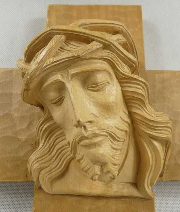 Krzyż krucyfiks rzeźba głowa JEZUS DREWNO 28 x23,6cm