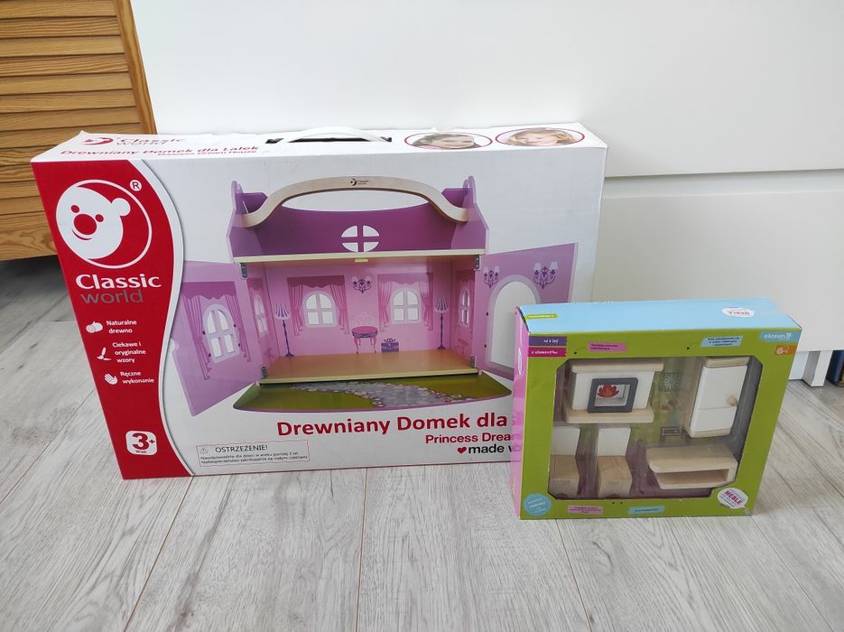 Nowy drewniany przenośny domek dla lalek +gratis mebelki