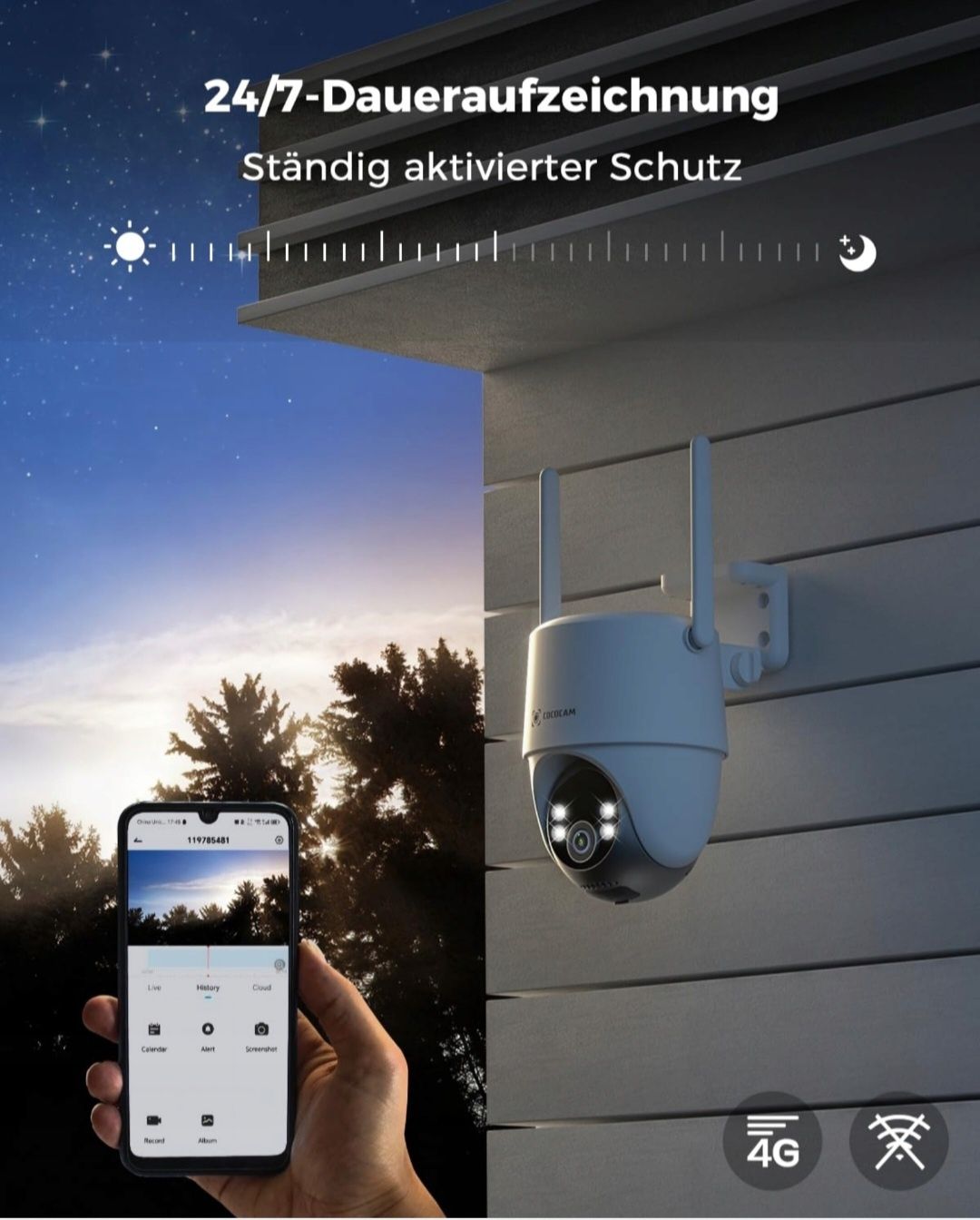 COCOCAM Kamera Zewnętrzna 4G LTE z SIM 15000mAh Solar 2K PTZ Nocna Wiz