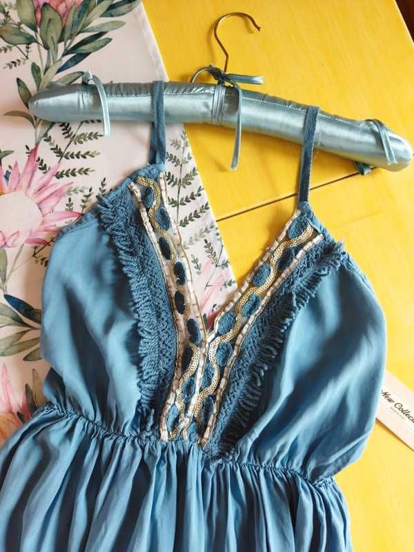 Sukienka letnia midi BOHO ozdobny dekolt kolor morski S M L