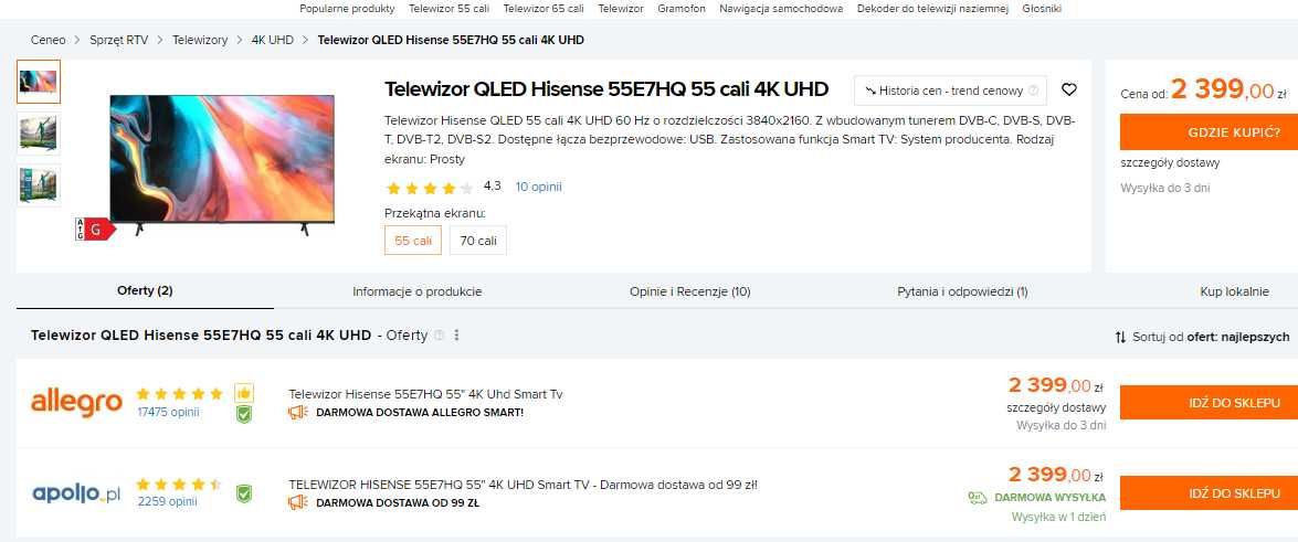 NOWY QLED Telewizor QLED Hisense 55E7HQ 55 cali 4K UHD gwar 2 lata