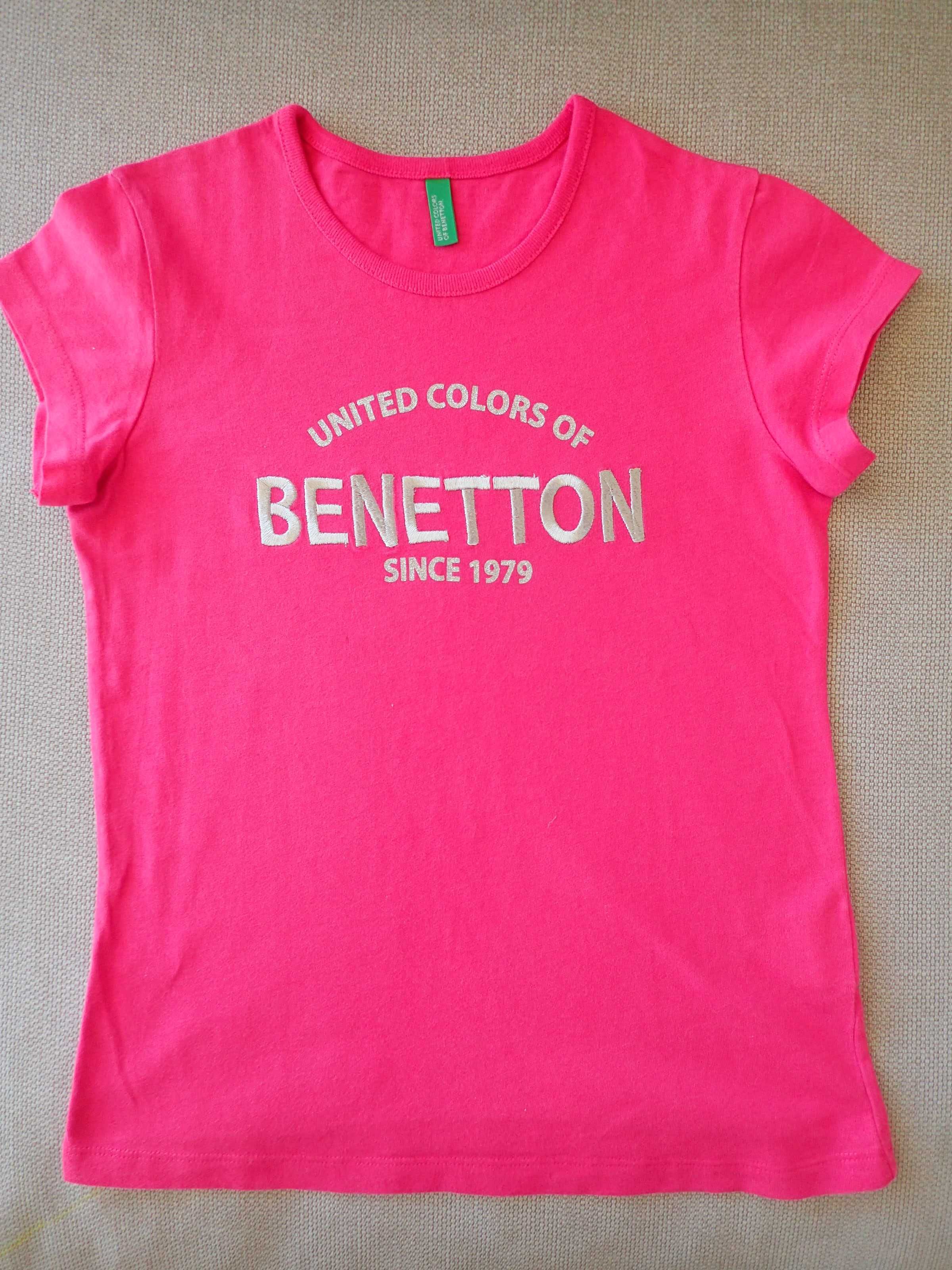 Benetton różowy T-shirt 130 cm M wyszyty napis