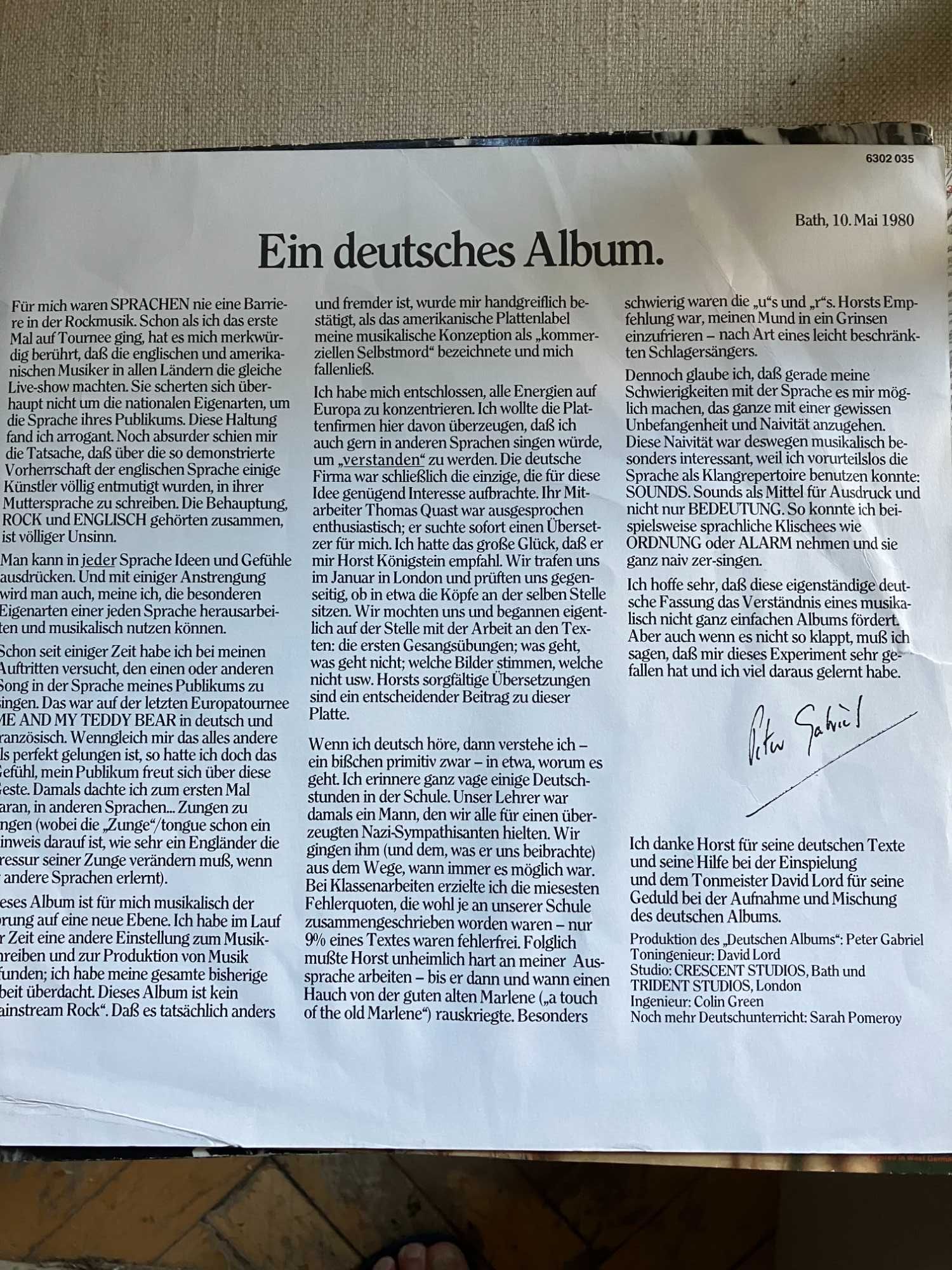 winyl  Peter Gabriel " ein  deutsches album "  very good