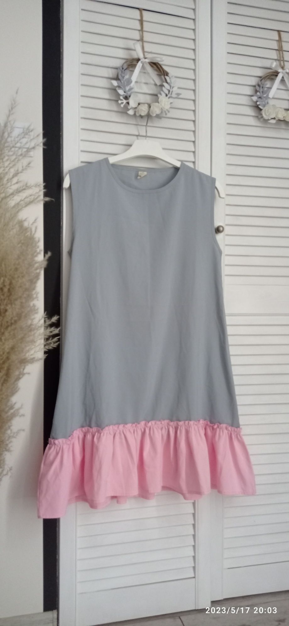 Sukienka trapezowa szaro-różowa S