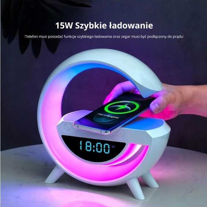 LAMPKA LED RGB Ładowarka INDUKCYJNA QI Głośnik budzik Radioi Zegar Usb