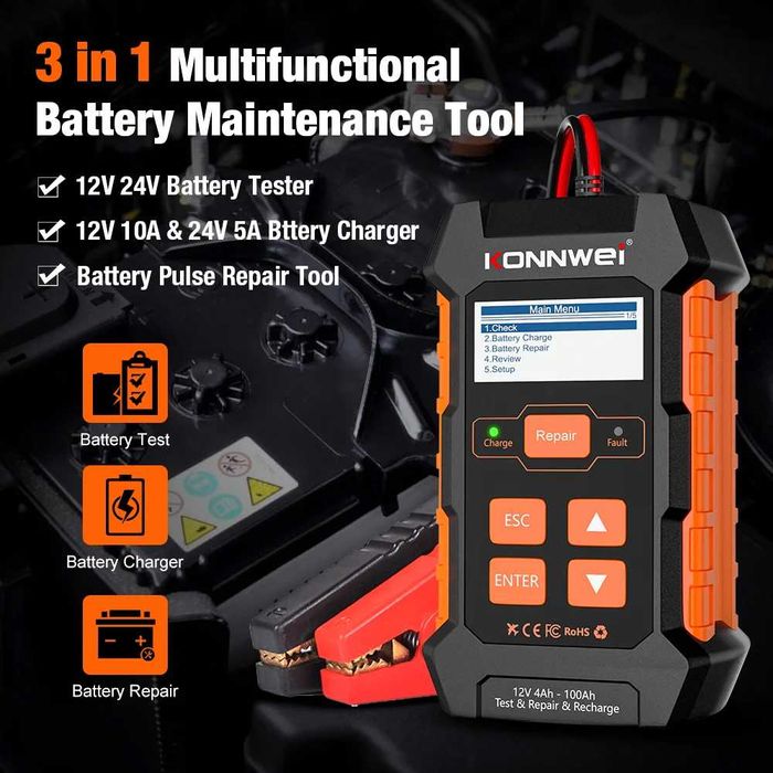 KONNWEI KW520 12V 10A 24V 5A Гарантія Зарядний пристрій + тестер АКБ