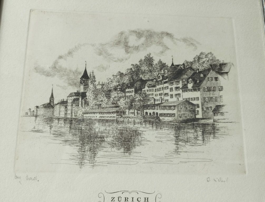 Stara grafika w ramie akwaforta Zurych Zurich