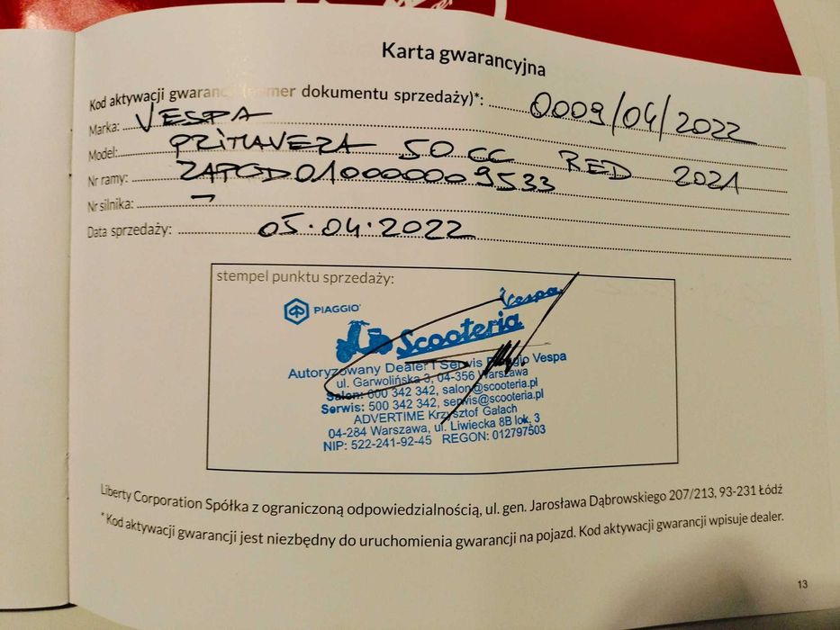 VESPA RED 2021 - przebieg 1200km, 1 właściciel