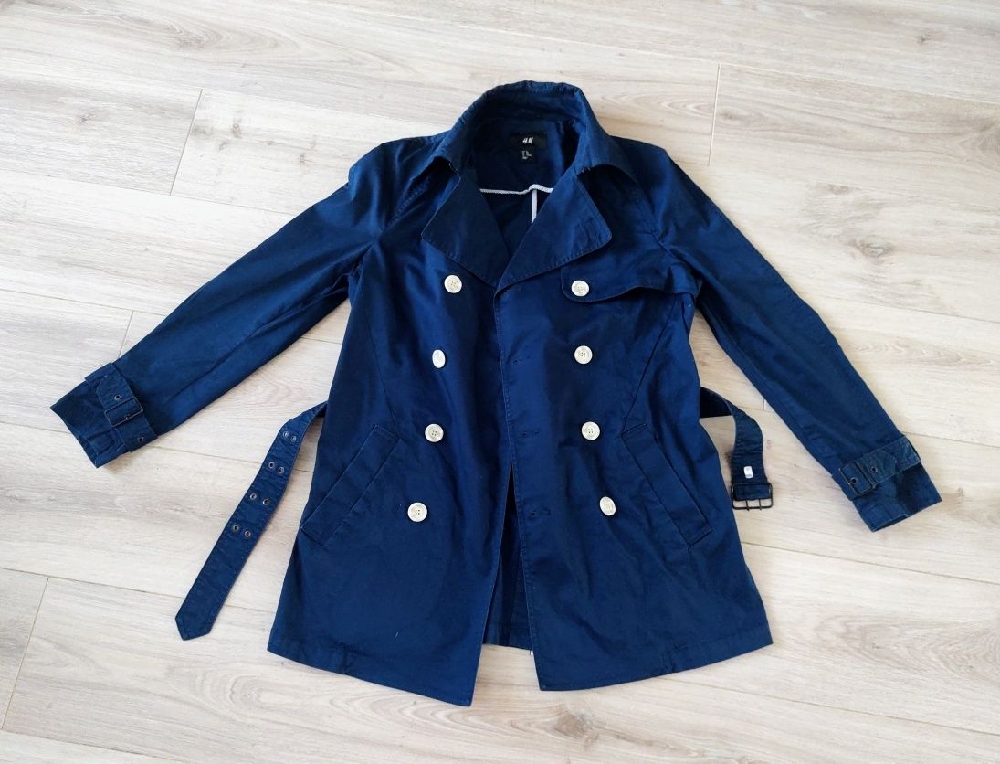 Wiosenny dwurzędowy granatowy trencz damski, H&M, roz.38-40