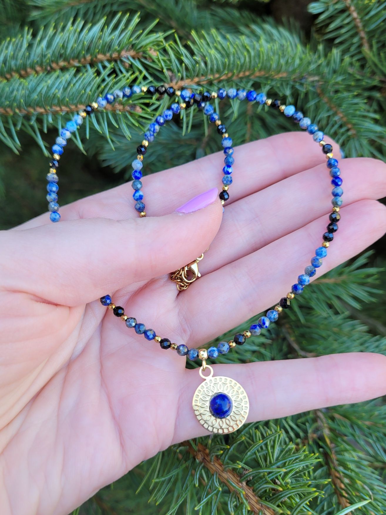 Choker, naszyjnik lapis lazuli, czarny turmalin