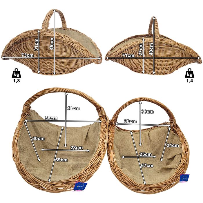 Kosz wiklinowy na drewno z jutą kominkowy zestaw 2 sztuki mały i duży