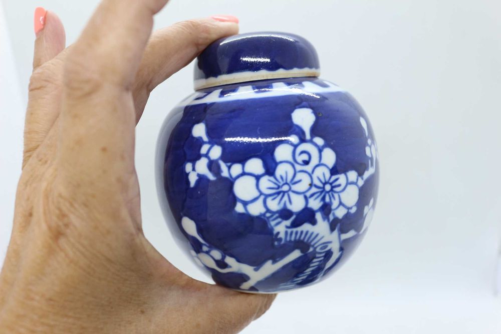 Pote Porcelana Chinesa Ginger Prunus Kangxi Azul e Branco XX 10cm