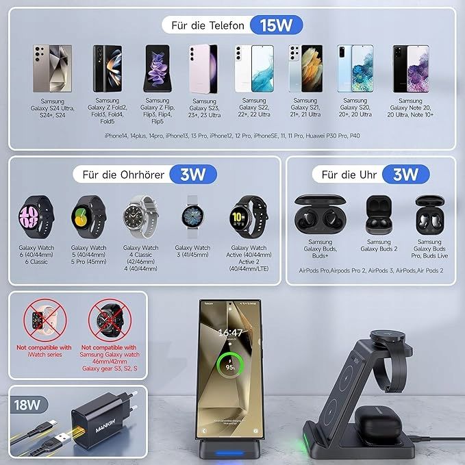 MANKIW indukcyjna stacja ładująca do Samsung, 3 w 1