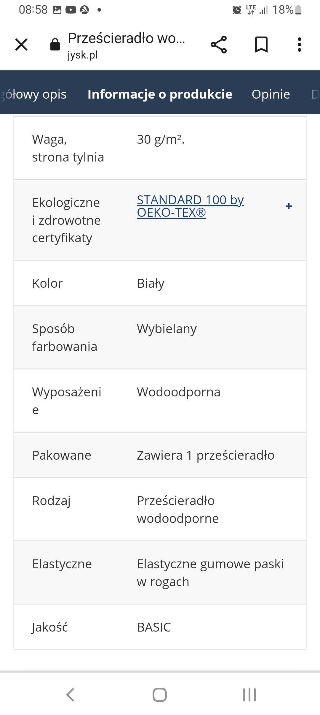 Podkład wodoodporny biały jysk 65x140