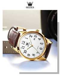 Klasyczny męski zegarek kwarcowy 39mm złoty biała tarcza brązowy pasek
