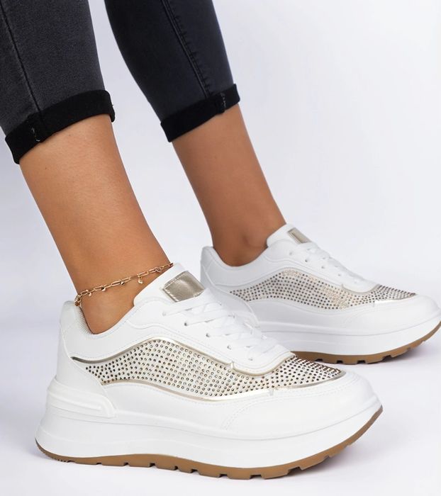 Białe damskie sneakersy z cyrkoniami Fucco