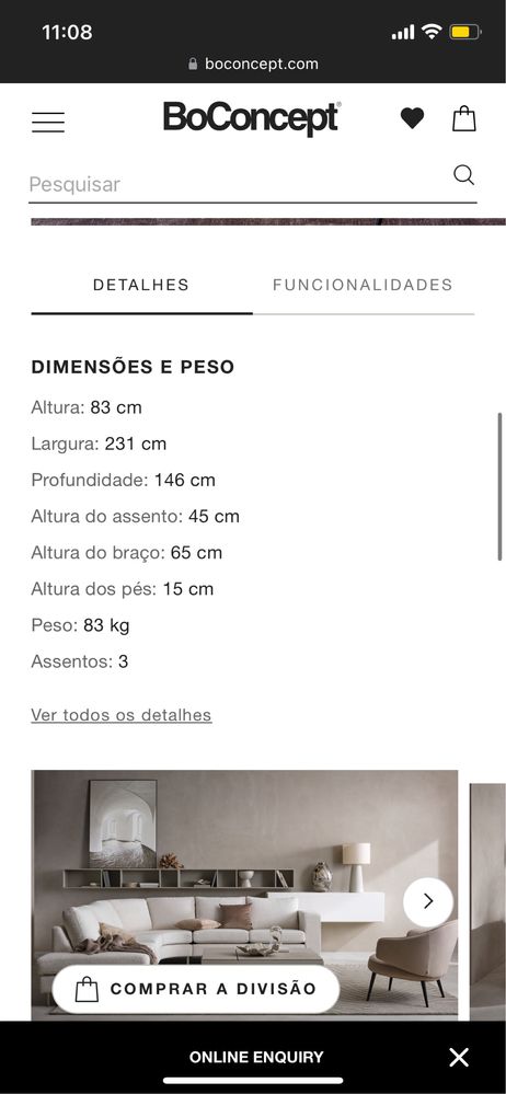 Sofá 3 lugares BoConcept com chaiselong