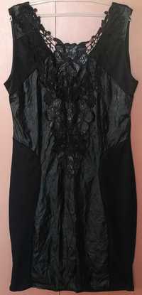 Sukienka czarna koronka gipura eco skóra