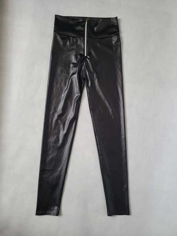 Czarne połyskujące legginsy z zamkiem casual M L 38 40 wysoki stan