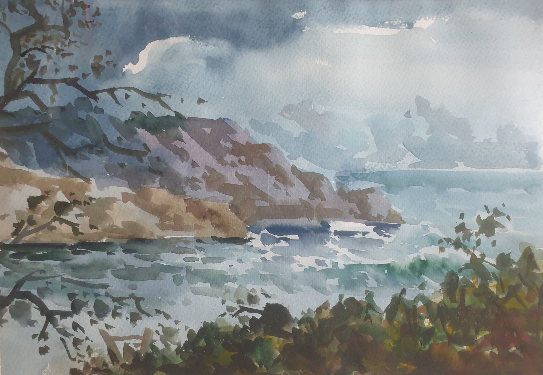 A. Abellan Aguarela com paisagem marítima  emoldurada