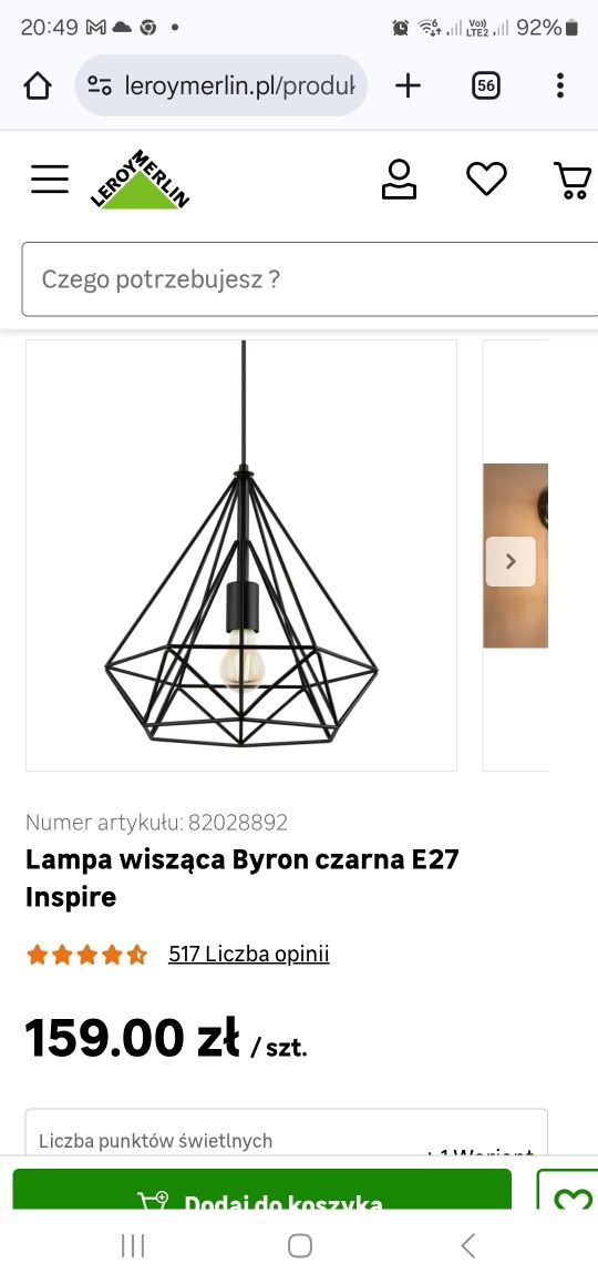 Nowa Lampa wisząca Byron czarna E27 Inspire metalowa