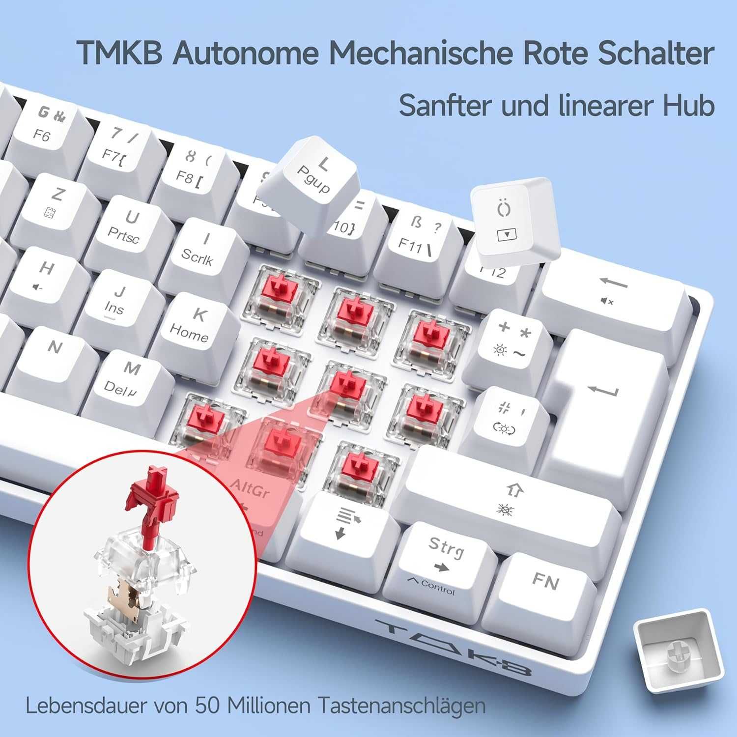TMKB T61SE-D Mechaniczna klawiatura gamingowa Red Switch DE Biała