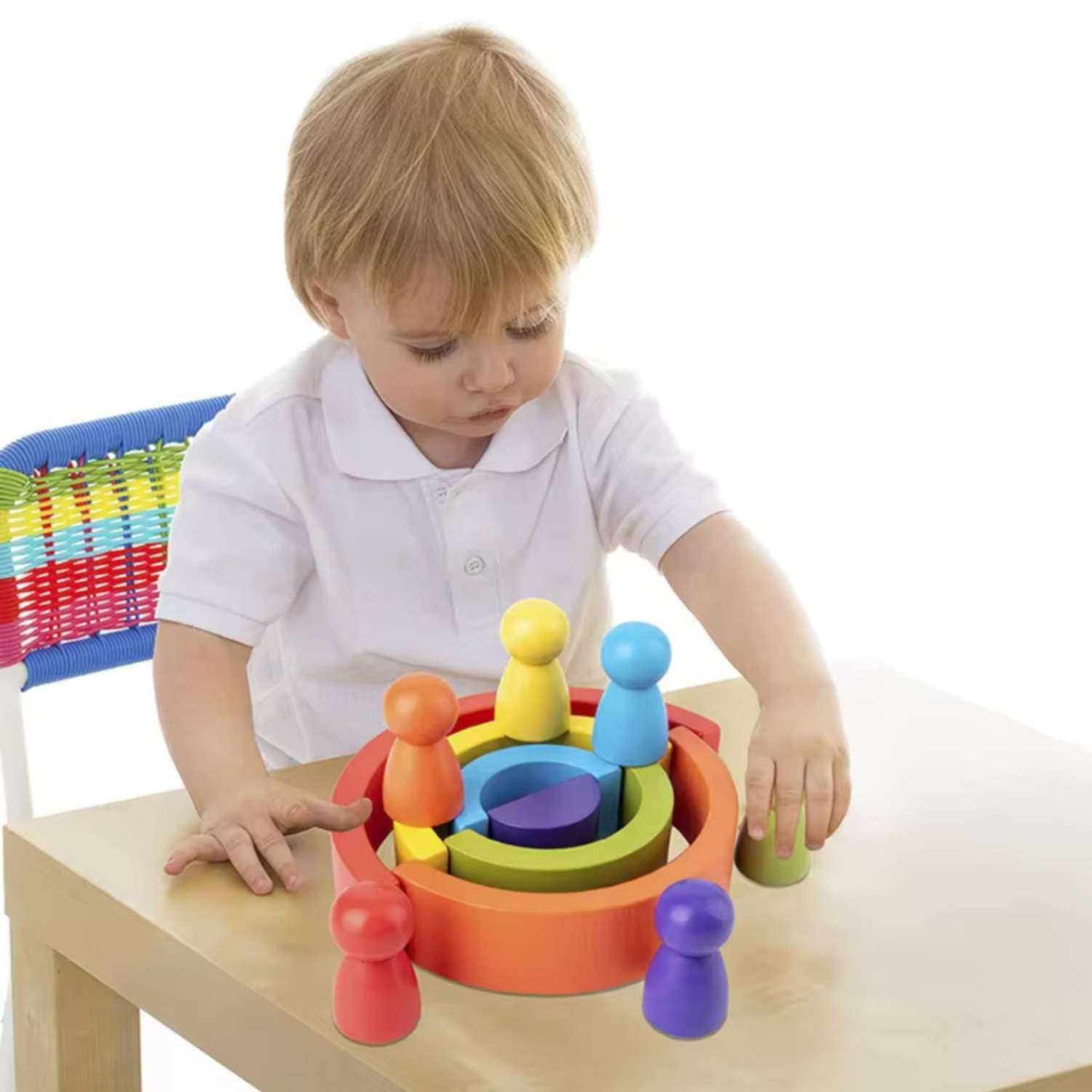 Blocos de Construção Arco-Íris em Madeira - Montessori e Criatividade