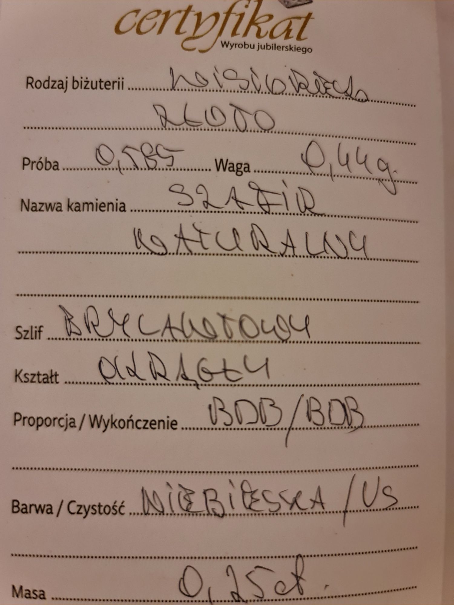 Złoty wisiorek z szafirem