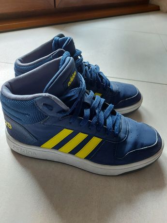 Adidas 39 1/3 25cm niebiesko-neonowe paski i napis