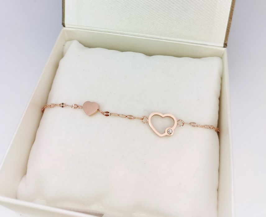 Nowa złota bransoletka z serduszkami i cyrkonią rose gold