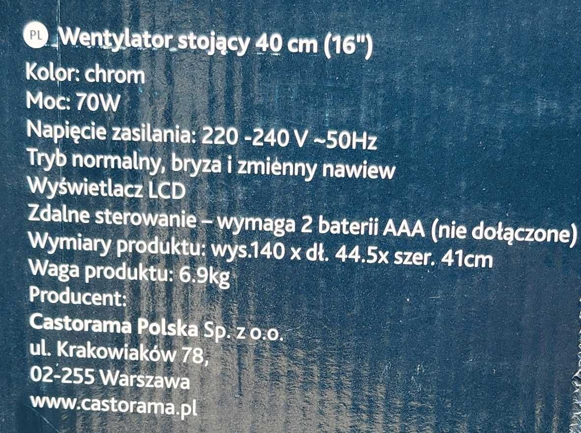 Wentylator stojący, metalowy, "Blyss" 40cm/16" z pilotem, bdb