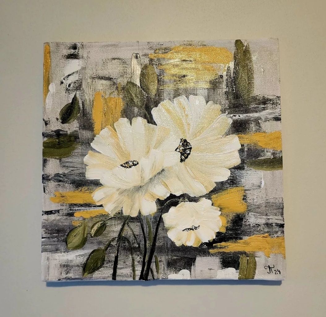 Quadro Pintura Á Mão sobre Tela Canva Flores Brancas 30x30 cm