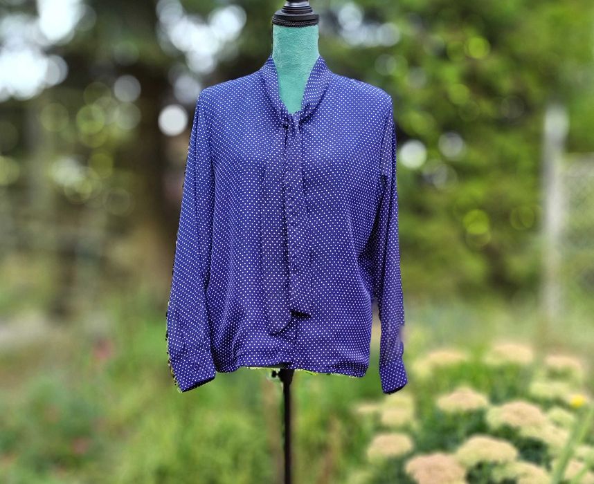Elegancka bluzka granatowa XL 42 groszki kropki kokarda koszula szyfon