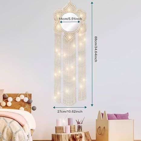 Makrama Wisząca  z Lustrem i lampkami