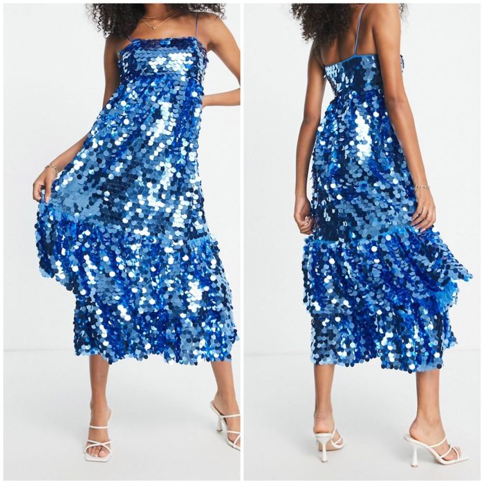 Niebieska cekinowa sukienka midi 42 xl 44 XXL  asos