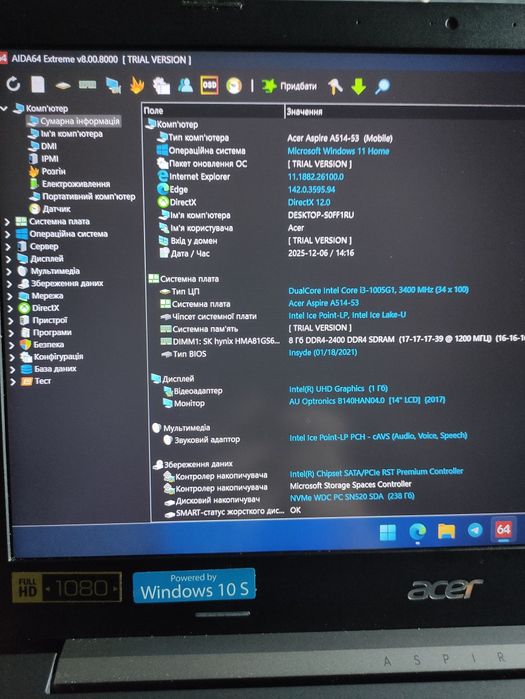 Acer Aspire 5, i3 1005G1, 12/256.