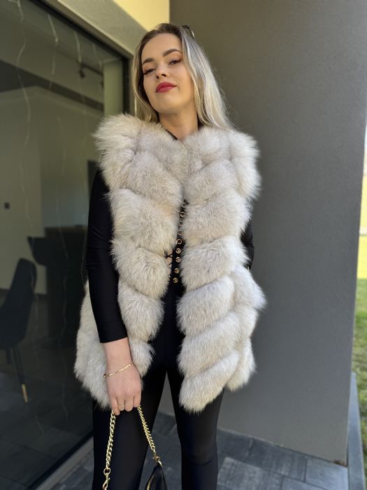 Kamizelka z lisa białego futro naturalne zamsz skóra s/m