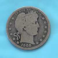 USA - moeda Quarto de Dólar (BARBER QUARTER) 1908 - prata
