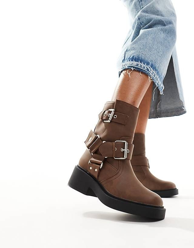 Asos Design 39 Brązowe Botki Aim Z Klamrami H17791