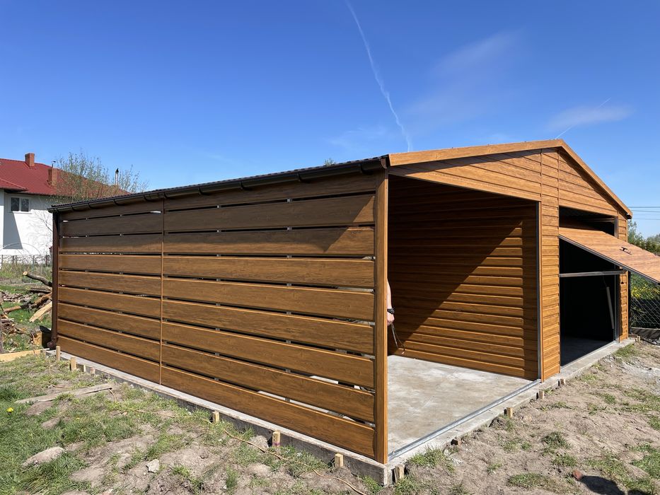 PRODUCENT. Garaż blaszany złoty dąb 4x6 + wiata 3x6