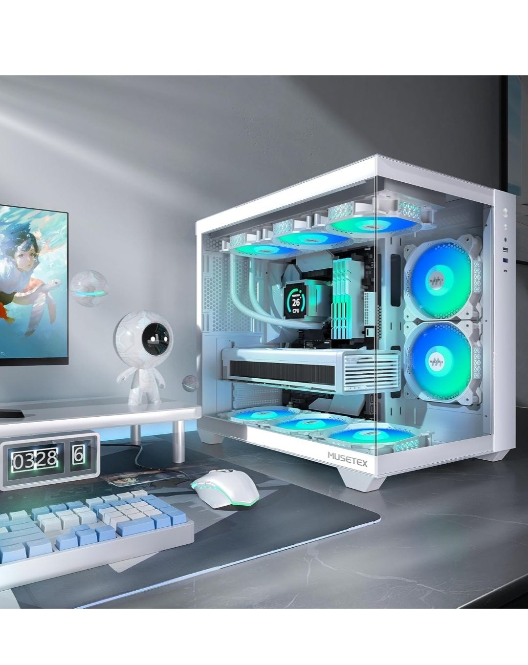 MUSETEX Obudowa PC ATX wstępna instalacja 5 wentylatorów PWM ARGB