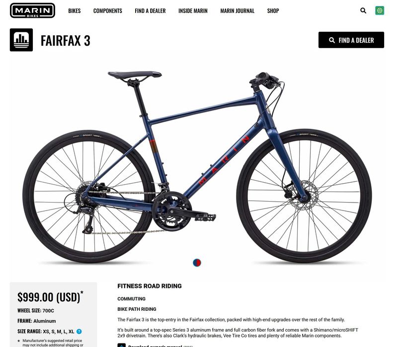 Bicicleta Marin  Fairfax 3, tamanho M, quadro em alumínio.