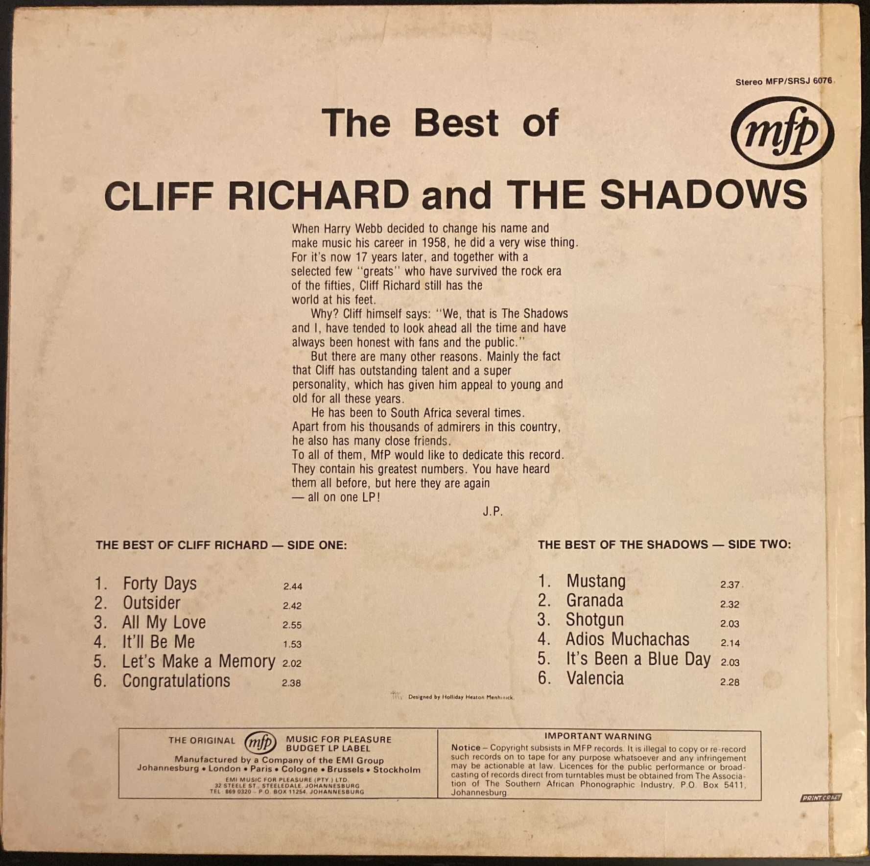 The Best of Cliff Richards and The Shadows (Disco Vinil LP 33RPM)