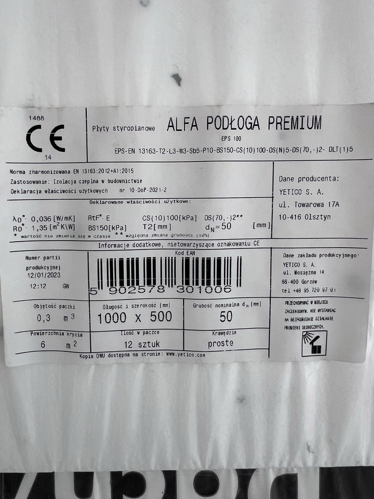 Styropian eps 100 yetico alfa podłoga premium 5 cm