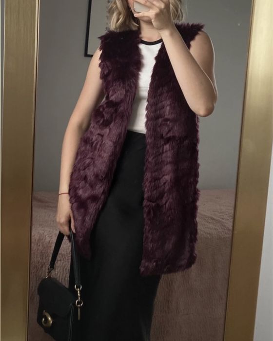 Bordowe śliwkowe futerko kamizelka futro bezrekawnik pleciony S
