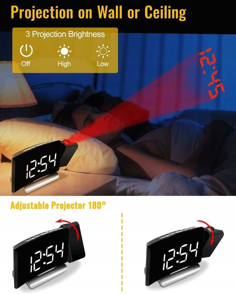 TAKRINK Budzik z projektorem radiobudzik port USB do ładowania [2344]