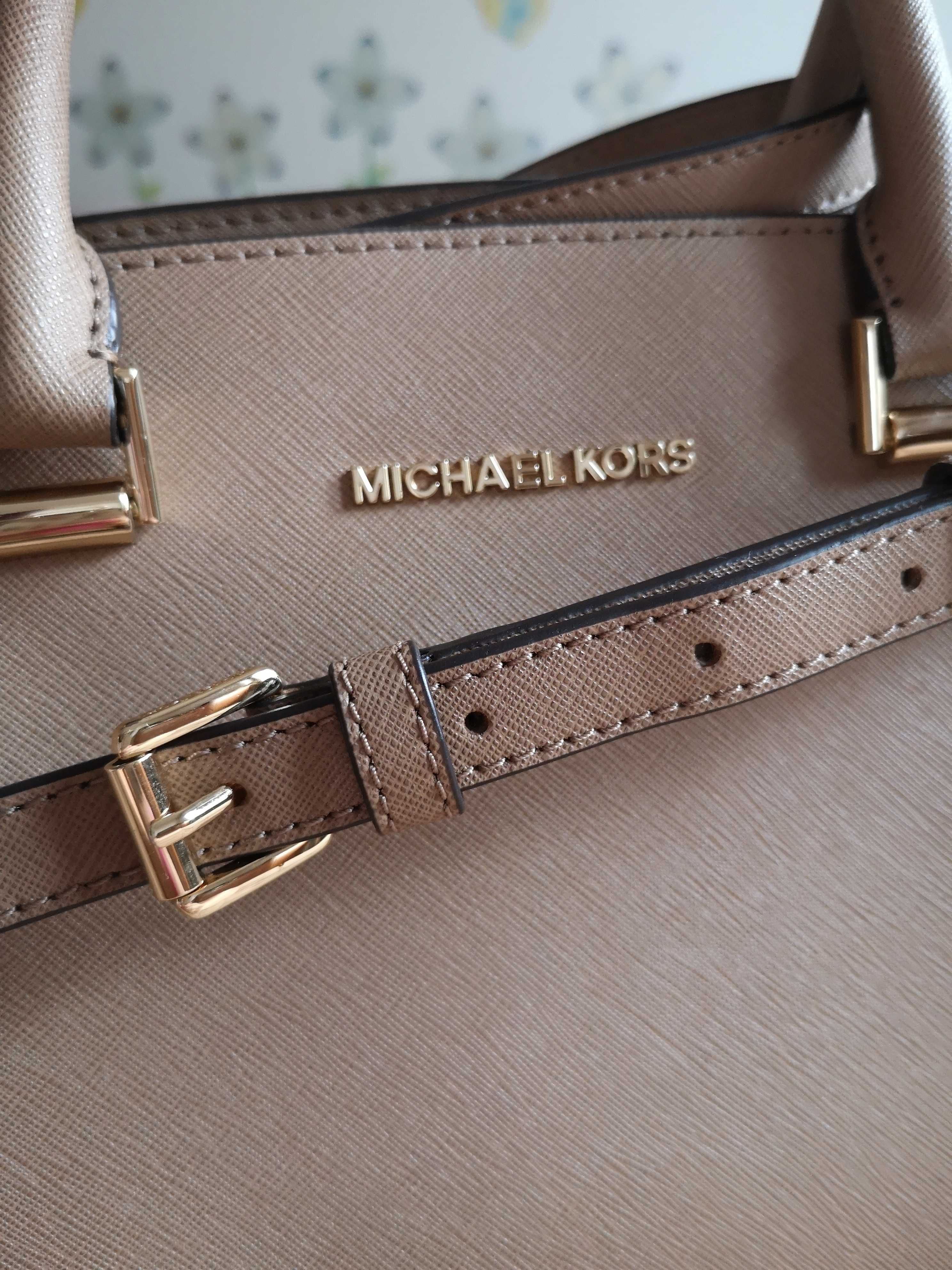 Torebka shopper Selma Michael Kors khaki rączki pasek skóra saffiano