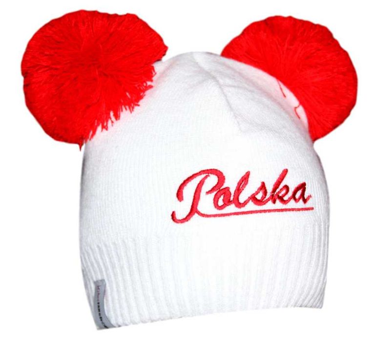 Polska Czapka Zimowa Damska Dwa Pompony Biała