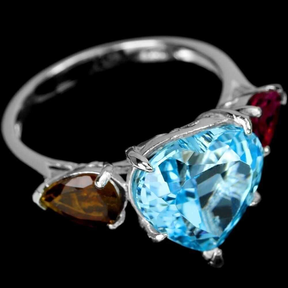 Серебряное кольцо с швейцарским голубым  топазом и турмалином. Р.17.75