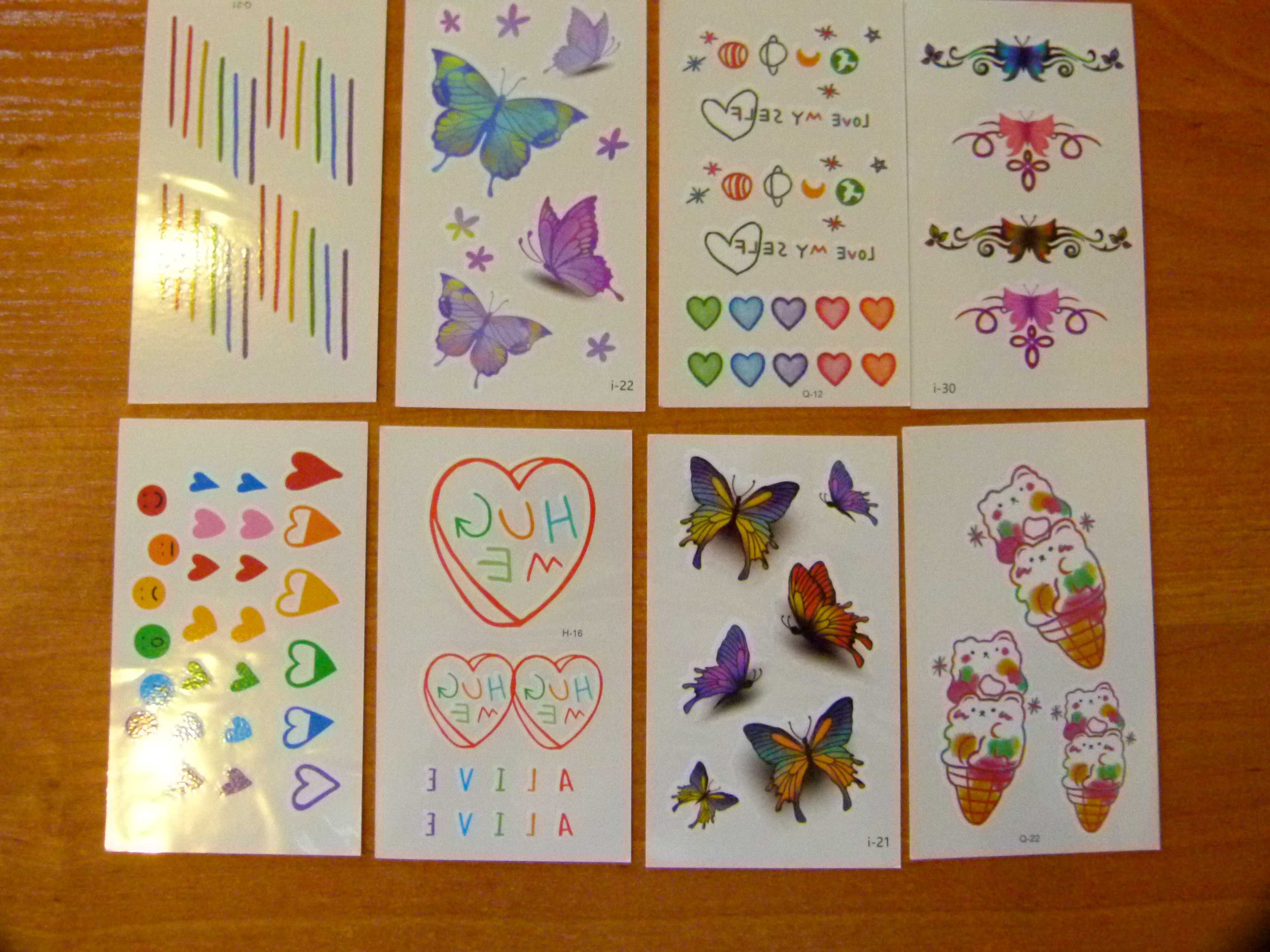 Tatuaże dla dzieci zestaw 12 arkuszy motyle owoce serca